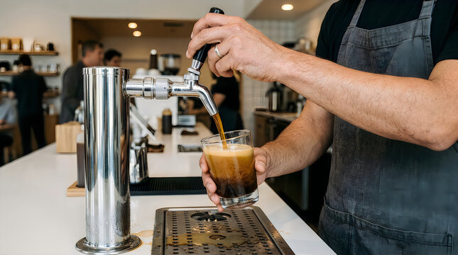 A professional barista in a grey apron pours a glass of fresh nitro cold brew coffee from a shiny metallic tap inside a brightly lit modern cafe setting