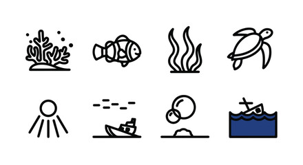 Obraz premium Ocean life line icons set, marine biology vector elements with fish and sea turtle, underwater environment symbols for educational infographics