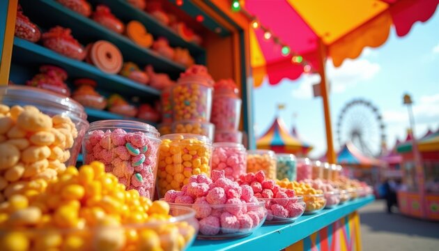 Sweet treats and candies fill carnival stall shelves under colorful tent canopy. Ferris wheel visible in background sky. People enjoy amusement park fun.