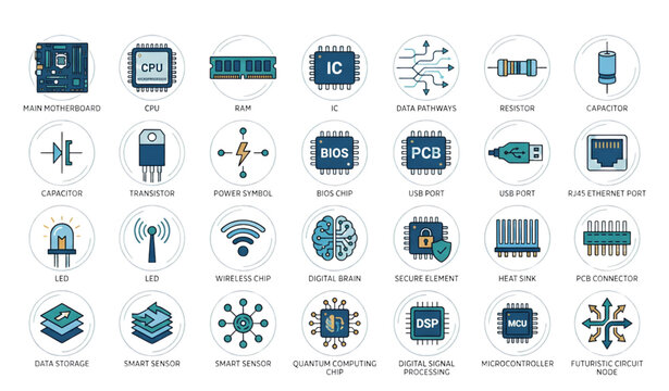 Electronic circuit board icons technology UI vector collection isolated on white