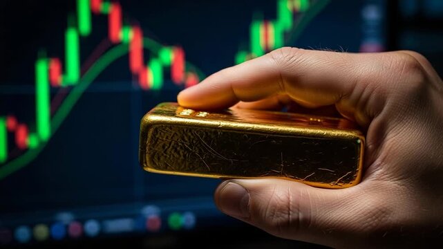 Precious Metal Market Analysis: A hand holds a gold bar against a backdrop of a fluctuating stock market graph, symbolizing financial investment and commodity trading.
