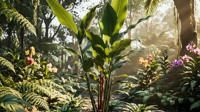 Robust Galangal (Alpinia galanga) plant in a tropical garden with broad leaves moving softly 