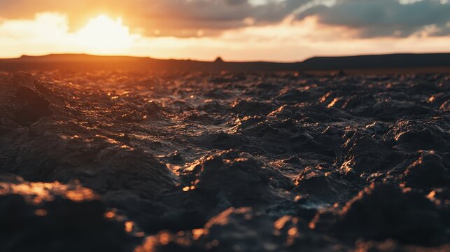 Harsh Dry Cracked Earth Under Golden Sunset Light, Illustrating Climate Change Impacts