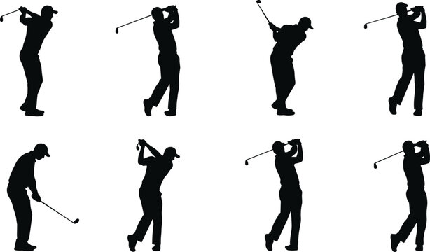 Eight silhouette sequence of golfer performing complete swing stages from stance backswing impact to follow through showing athletic motion technique