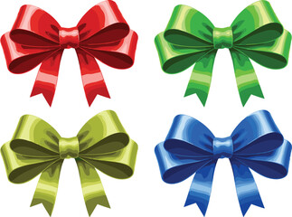 Colorful Silk Ribbon Bow Vector Set in Red Green Olive and Blue Styles for Christmas Holidays Gifts Greetings Cards and Decorative Designs © KP Studio