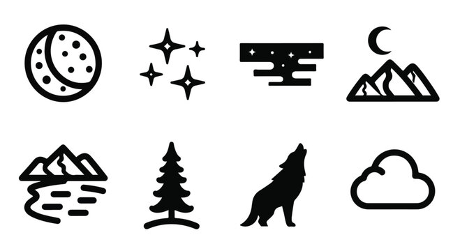 Minimalist nature icon set, black outdoor adventure symbols, 8 vector elements featuring mountains, moon, stars, and howling wolf for camping branding
