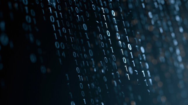 Binary code cascading on a dark background with varying opacity digits and cool ambient glow creating a technical atmosphere suited for cybersecurity awareness campaigns,