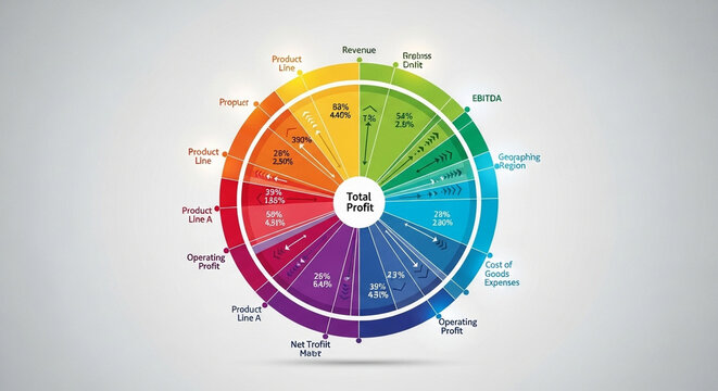 Vibrant circular infographic diagram illustrating the components of total profit with detailed breakdown of revenue, costs, and margins in a colorful, modern, data visualization style agains