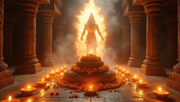 Lord Shiva appears in temple sanctuary surrounded by glowing diyas, marigold flowers. Divine energy radiates from deity amidst ancient stone pillars. Spiritual atmosphere fills sacred space with