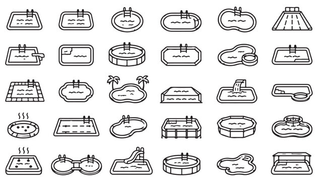 Pool float and inflatable line icon set. Swim rings, rafts, mats, lounge floats, water toys outline vector illustrations. Symbols for summer pool fun on white background.