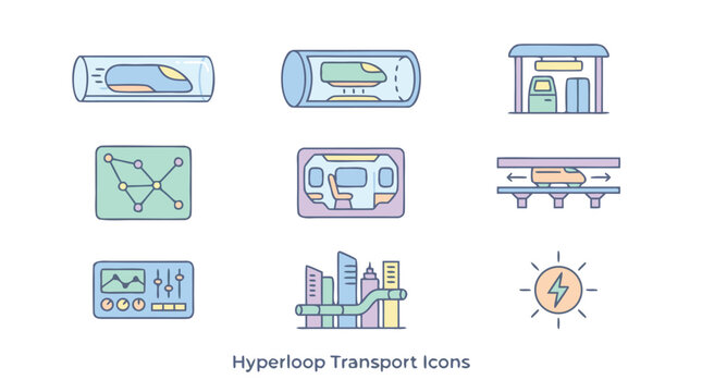 Innovative flat design vector icon set of hyperloop tube transport technology and futuristic rapid transit pods using a soft pastel color palette in an organized grid layout for clean design.