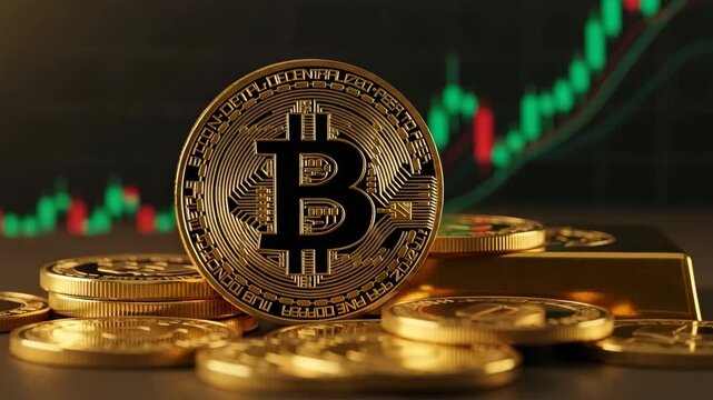 Golden Bitcoin and Gold Bars: A close-up shot features a gleaming Bitcoin coin alongside polished gold bars, with a fluctuating stock market graph in the background.