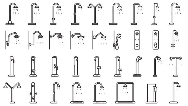 Outdoor shower line icon set. Pool showers, beach rinse stations, water sprayers, public wash points outline vector illustrations. Signs for aquatic areas on white background.