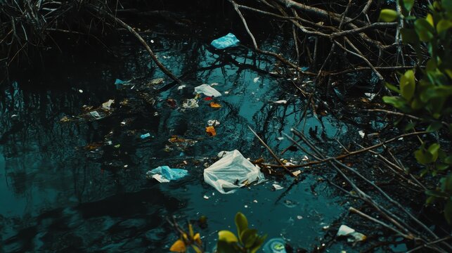 Ocean plastic pollution tangled in coastal mangrove branches with realistic textures and soft light