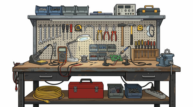 Illustration of a cluttered workbench with various tools and equipment on a pegboard background.
