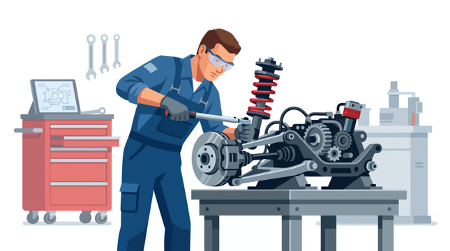 A mechanic in a blue uniform using a wrench on an engine on a gray workbench in a garage with a red toolbox and white background.