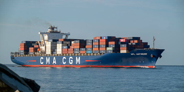 The Neo Panamax-class container ship APL Antwerp, operated by CMA CGM, sails into Charleston Harbor, SC, USA on June 06, 2026.