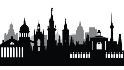 Fototapeta premium Urban skyline silhouette against white background with diverse architectural styles and prominent historical landmarks for city branding and travel promotion