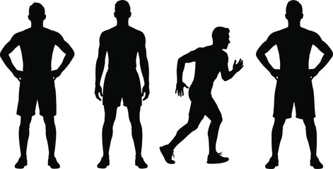 Silhouettes of standing and running human figures showcasing athletic sprinting posture, upright stances, body movement comparison, and fitness training concepts © boishakhisarker