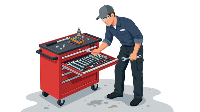 A mechanic opening a red tool chest drawer with various tools inside on a gray floor with oil stains.