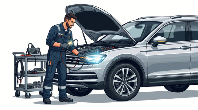 Mechanic in blue uniform inspecting a silver SUV with the hood open next to a tool cart on a plain white background.