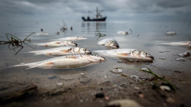 Dead fish washed ashore on a cloudy beach with fishing boat in background environmental pollution crisis