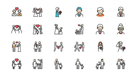 Obraz premium Extensive set of colored line icons representing different family units relationships and people in various life stages and social groups.