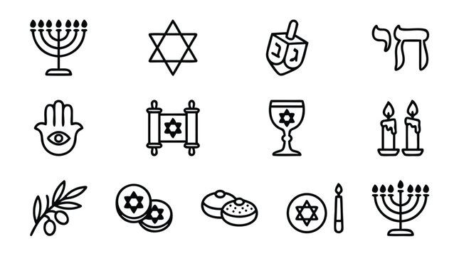 Set of 12 minimalist Jewish and Hanukkah line icons featuring Menorah, Star of David, Dreidel, and traditional religious symbols in a modern vector style with uniform strokes on a grid layout.