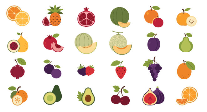 Colorful collection of various fruit icons including citrus pineapple melon berries grapes and avocado in a simple flat graphic style.