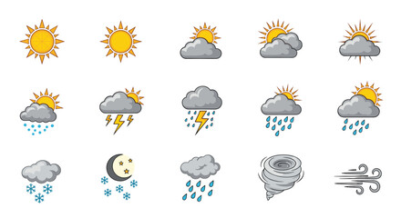 Obraz premium Detailed weather forecast icons including various combinations of sun clouds rain wind snow and moon phases for meteorological apps.