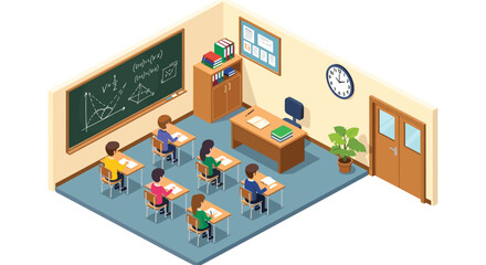 Fototapeta premium Isometric classroom environment with students sitting at desks listening to a teacher near a chalkboard filled with math equations.