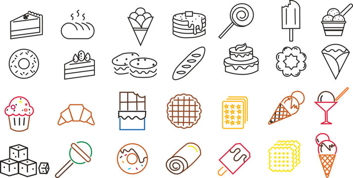 Minimalist outline food icons bundle with 28 vector Different colors elements including donuts, cakes, cookies, chocolate, and sugary snacks
