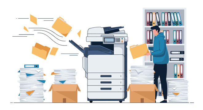 Chaotic office scene with a man struggling at a malfunctioning photocopier while folders and papers fly through the air in a mess.