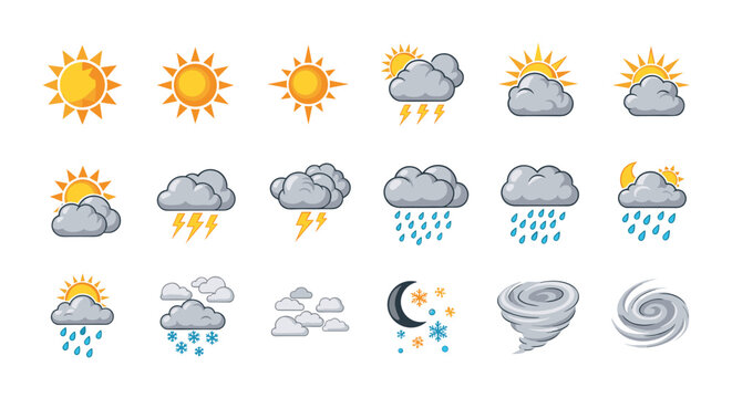 Diverse set of weather condition icons in a pixel art style featuring sun clouds rain lightning snow and stormy weather patterns.