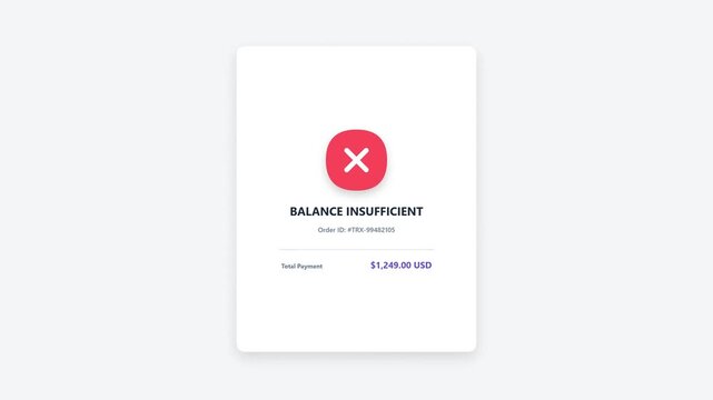 Light Mode Balance Insufficient Alert Screen Interface with Red Cross Icon for Credit Card and Bank Transfer Transaction Failure UI Design