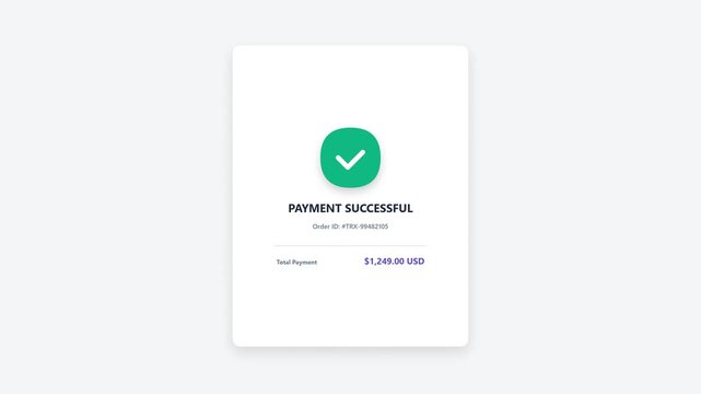 Light Mode Payment Successful Confirmation Screen Interface with Green Checkmark Icon and Credit Card Order Details UI Design Template