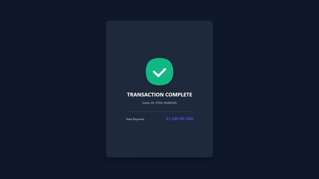 Dark Mode Transaction Complete Success Confirmation Screen Interface with Green Checkmark Icon and Total Payment Order Details UI Design
