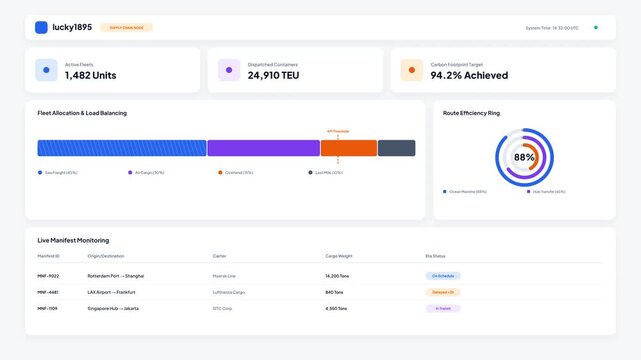 Global Supply Chain Logistics Management Dashboard Interface with Fleet Allocation Load Balancing and Route Efficiency Ring Charts UI Layout