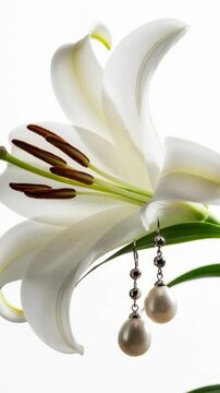Close up triptych of a white lily with dangling pearl earrings suspended from a petal against a bright white background, botanical elegance and jewelry detail.