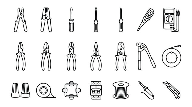 Comprehensive Vector Set of Electrical Wiring Tools Line Icons Featuring Pliers, Screwdrivers, Voltage Testers, and Components in a Minimalistic Style for Professional Electrician Projects.