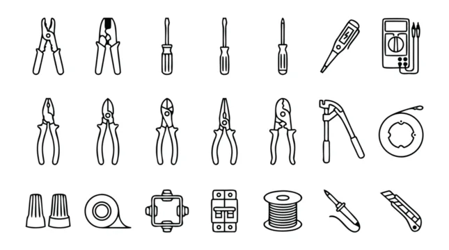 Comprehensive Vector Set of Electrical Wiring Tools Line Icons Featuring Pliers, Screwdrivers, Voltage Testers, and Components in a Minimalistic Style for Professional Electrician Projects.