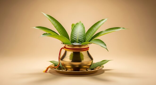 Hindu Pooja Kalash with Sacred Mango Leaves on Golden Plate