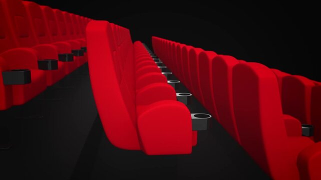 Movie theater hall with red armchairs rows. Cinema with camera motion. 4K video
