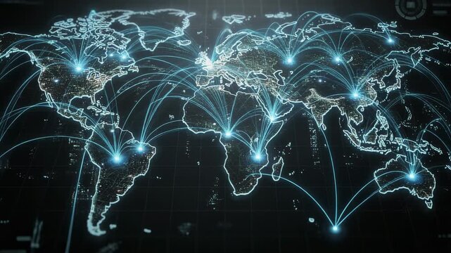 Global digital network connections world map with glowing data points and communication lines