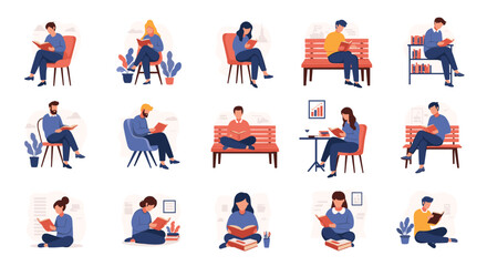 Fototapeta premium Diverse group of people are depicted in various poses while enjoying reading books in indoor and outdoor settings.