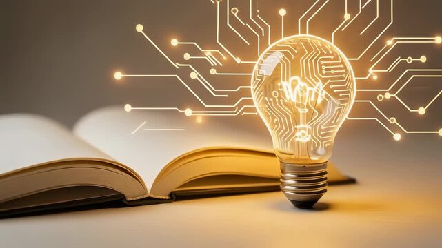 Innovative glowing light bulb with digital circuit lines above an open book symbolizing knowledge and technology