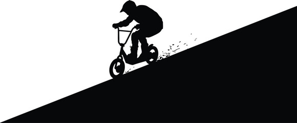 Naklejka premium Silhouette of a bmx rider performing a downhill trick on a slope in black and white graphic with silhouette