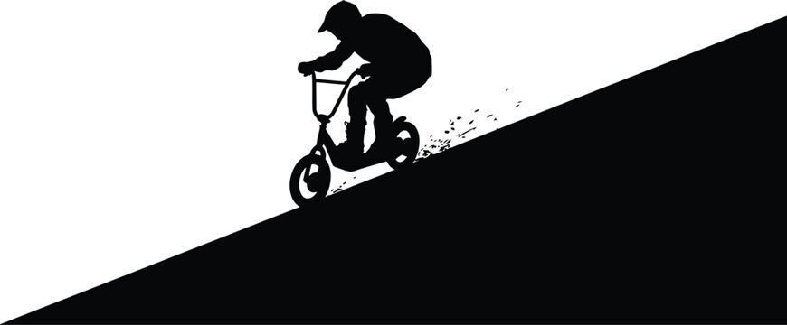 Silhouette of a bmx rider performing a downhill trick on a slope in black and white graphic with silhouette