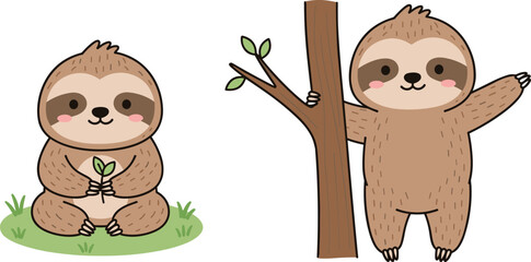 Fototapeta premium Cute Cartoon Sloth Vector Set with Sitting and Tree Climbing Characters for Children Nursery Patterns, Greeting Cards, and Educational Graphic Designs