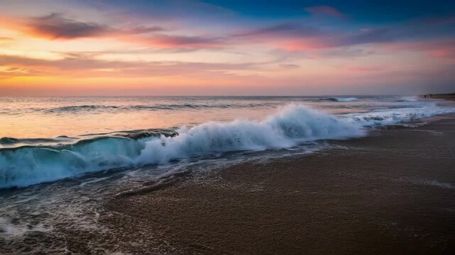 Peaceful ocean waves gently lapping onto sandy beach at colorful sunset  serene natural scenery